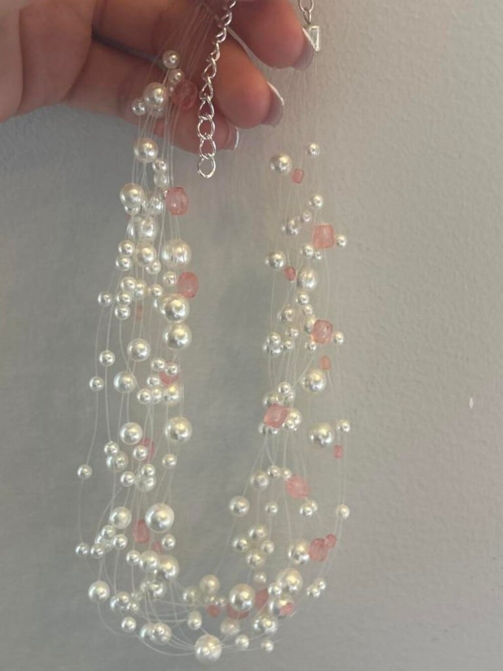 White & Pink Faux Pearl Necklace Costume Jewelry